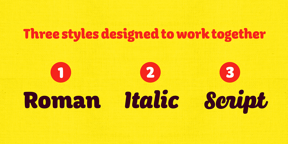 The family consists of three styles; Roman, Italic and Script, which are designed to be combined together.