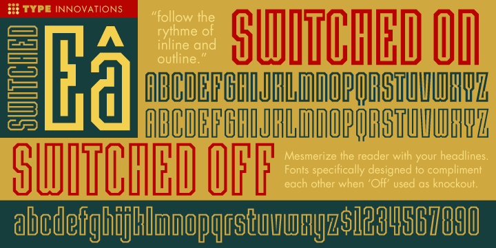 An experimental font design based on a square grid pattern, exploring some interesting inline and outline effects.