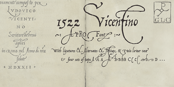 This font is mainly inspired from the engraved characters of the small book known as "Operina", or "The method and rules for writing cursive letters or chancery script" from the famous calligrapher Ludovico Vicentino Arrighi, published in Roma in 1522 and signed with simplicity "Ludovico Vicentino".