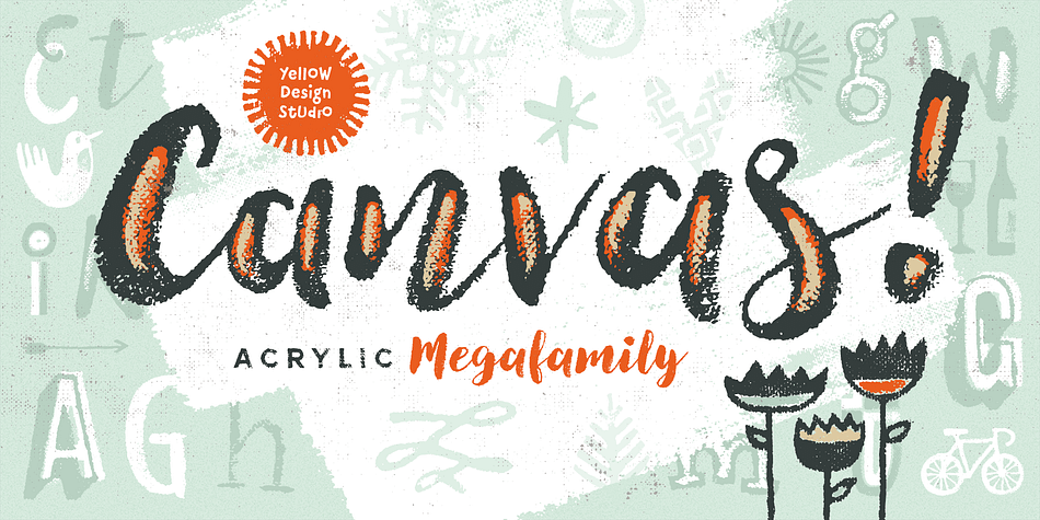 The Canvas Acrylic Megafamily from Yellow Design Studio is a collection of nine distinct hand-painted font families ranging from refreshingly festive to folky and organic.