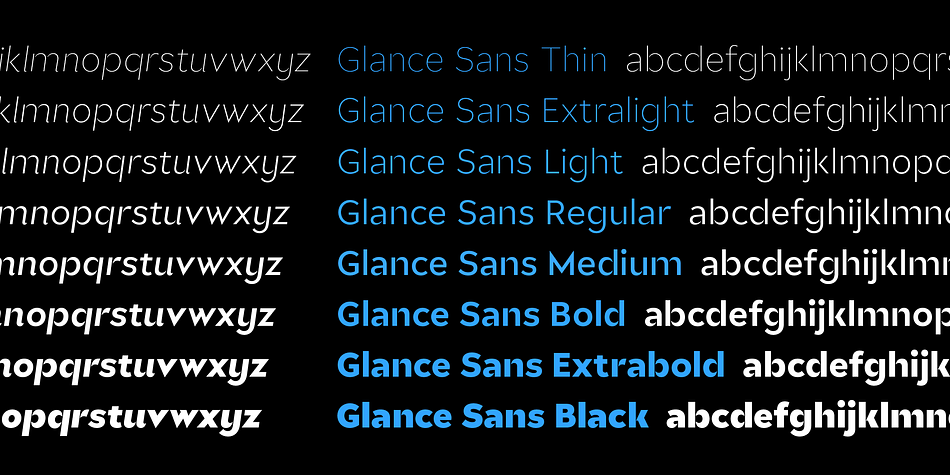 Glance Sans is a great tool for industrial and high-tech branding, for wayfinding systems in contemporary or modernist architecture, for corporate identities in arts, crafts, medicine, culture, and education, and for all kinds of sports-themed design.