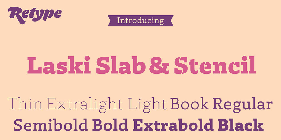 Laski Slab is a comprehensive suite of 20 fonts conceived for editorial purposes.