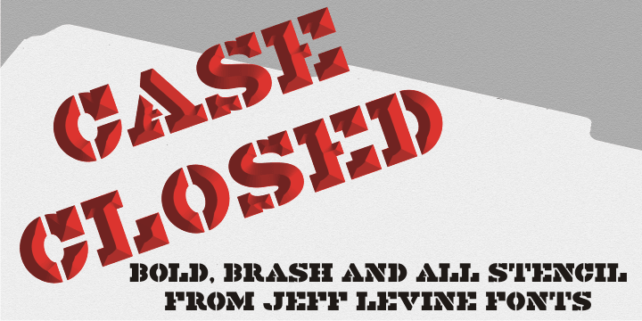Case Closed JNL is a bold, slab serif stencil font inspired by a set of brass stencils spotted for sale in an internet auction.