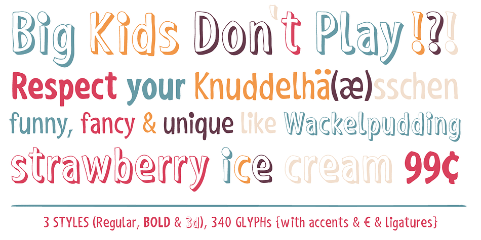 This family features OpenType features with 340 glyphs, alternative letters and ligatures (with accents & €) & 3 styles (regular, bold & 3D).