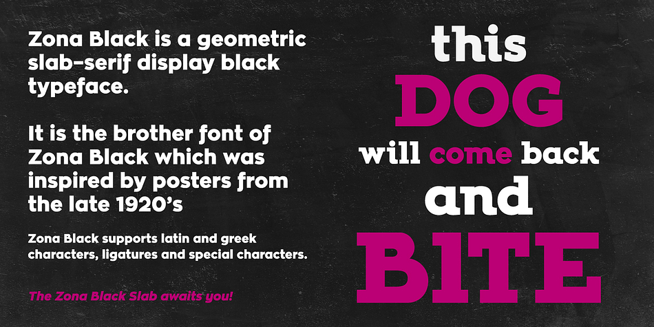 It is the brother font of Zona Black which was inspired by posters from the late 1920’s.