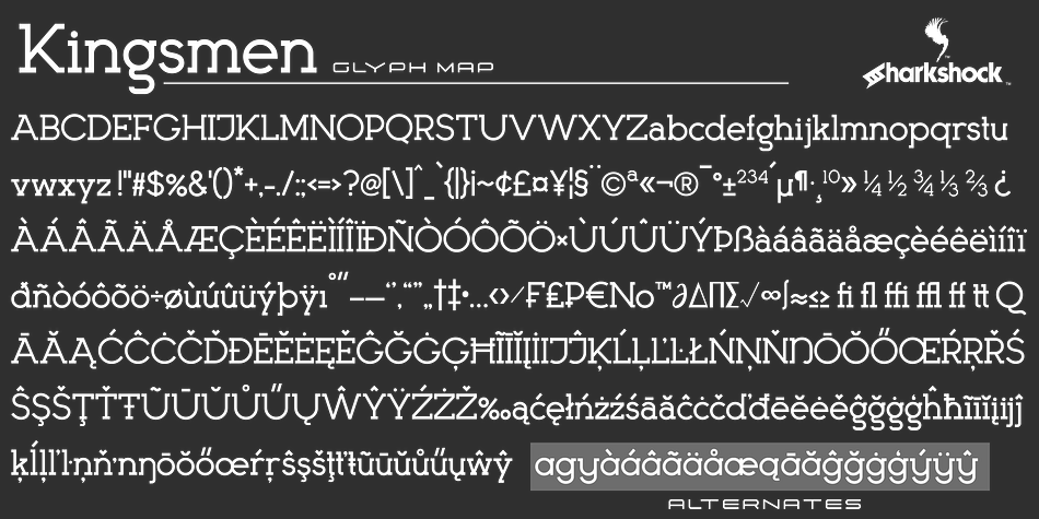 Kingsmen is a classic styled slab serif loosely based on fonts found on posters of the 19th century.