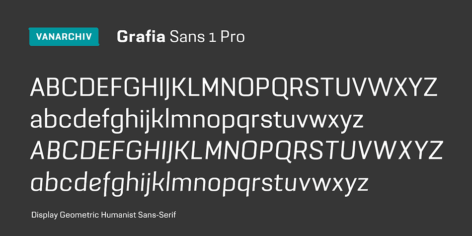 Grafia Sans 1 Pro is a geometric humanist sans-serif with close terminals, which was originally designed as a custom brand typeface for the YoYo studio (Barcelona) 2005.