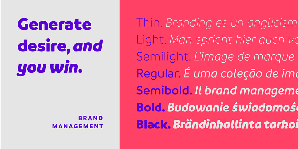 Branding comes in 7 weights-ranging from Thin to Black-with matching italics and includes a set of 544 characters that supports 128 different languages.