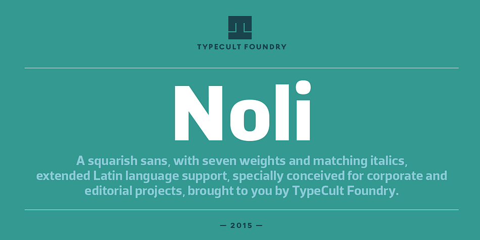 TCF Noli is a no nonsense straight-sided typeface with a soft technical appearance.