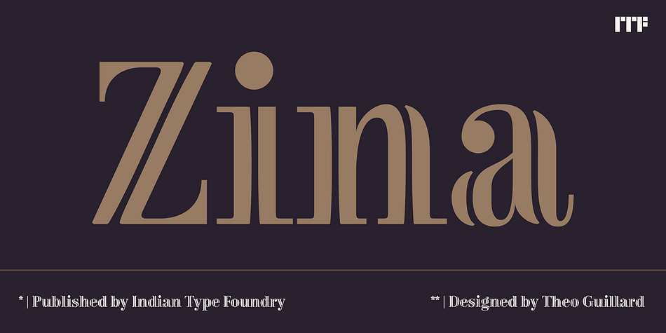 Zina is a stately and elegant inline serif face for display use.