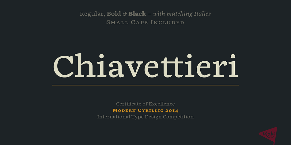 Chiavettieri draws inspiration from Humanist types, marked by low contrast between thick and thin strokes and the angle of stress in the bowls of letters.