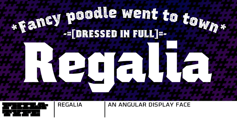 Regalia is an angular display face created with octagonal forms. There are 4 fonts to suit your needs.