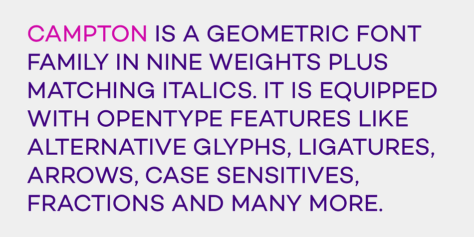 Although there are a lot of typefaces focusing on similar principles, Campton tries to find its niche in the field of anonymous typefaces by combining simplicity with a subtle friendliness.