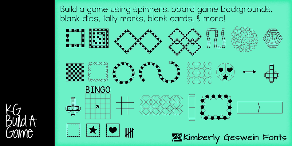 Displaying the beauty and characteristics of the KG Build A Game font family.