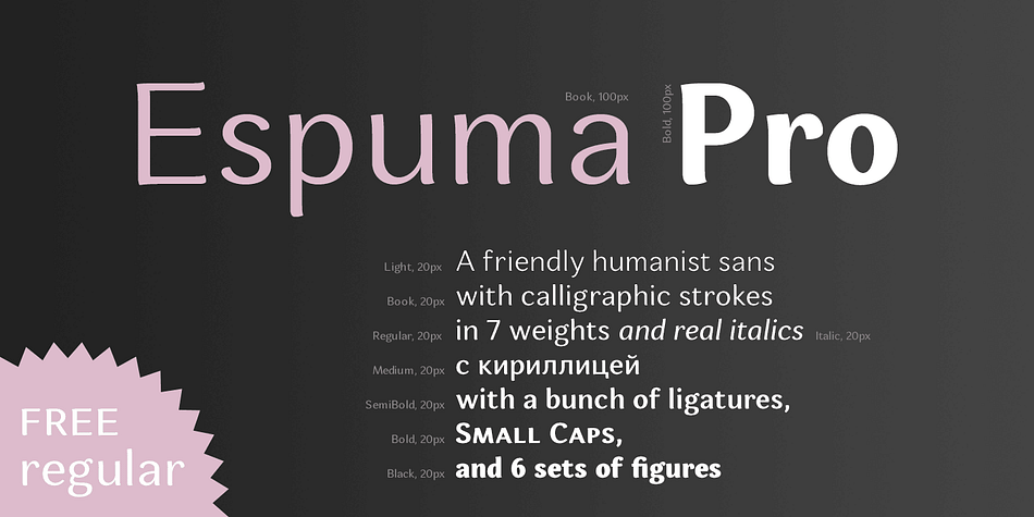 Espuma Pro is a soft and friendly humanist sans-serif font family with strong calligraphic aftertaste.