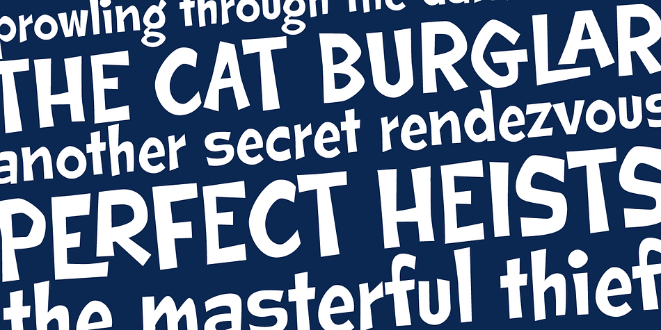 With an extensive character set, and offbeat letter weighting, Cat Burglar is fun to typeset with, with a collection of double letter ligatures, as well as discretionary ligature combinations that add to the quirky playfulness.