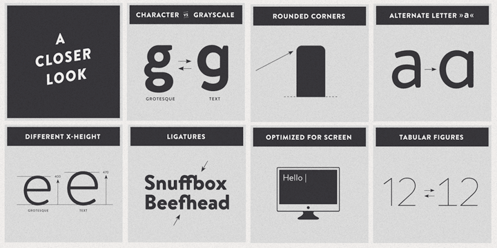 Influenced by the geometric-style sans serif faces that were popular during the 1920s and 30s, the fonts are based on geometric forms that have been optically corrected for better legibility.