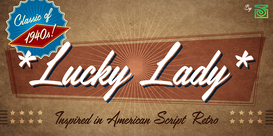 Lucky Lady was inspired by the old, classic art and craft of brush script lettering usually applied in ads of the WWII era and 1940s.
