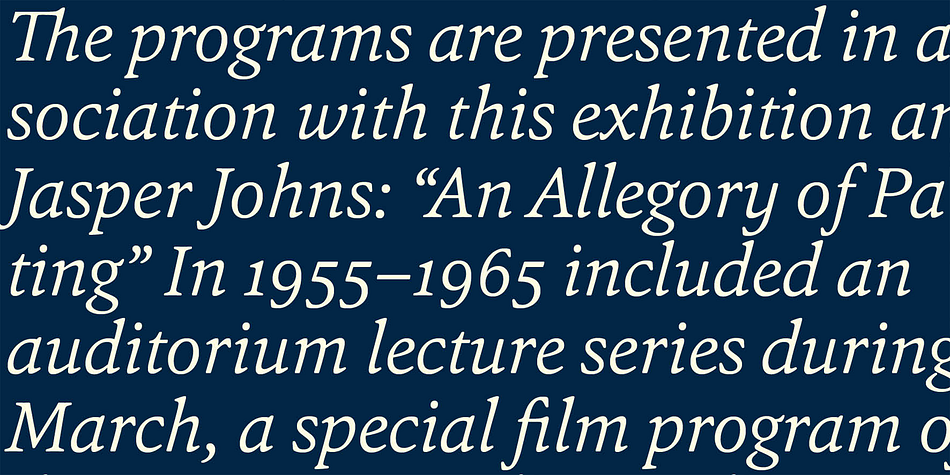 Each font is equipped with ligatures, small caps, proportional lining figures, tabular lining figures, proportional old style figures, lining old style figures, matching currency symbols, fraction- and scientific numerals.