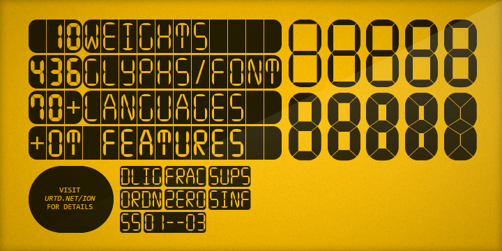 The glyphs are based on the classic 7-segment display.