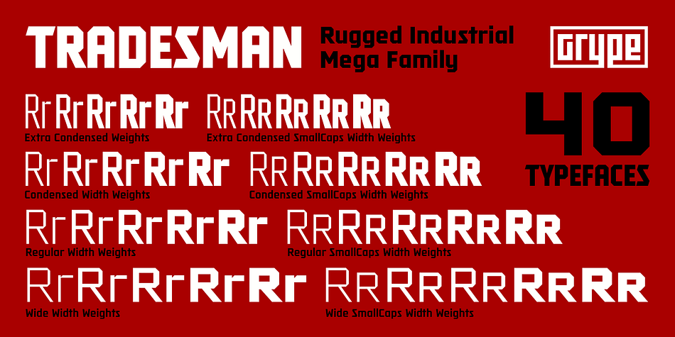 Tradesman celebrates the angular octagonal forms of industrial lettering, transcending its brand inspired origin to give birth to a font family that pulls on modern and historical styles.