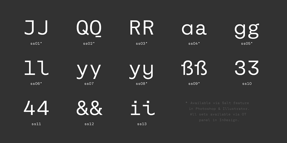 Unlike many other monospaced fonts, Rational TW has a large amount of opentype features like small caps, alternative glyphs, case sensitive shapes, and many more making it the perfect choice for countless scenarios.