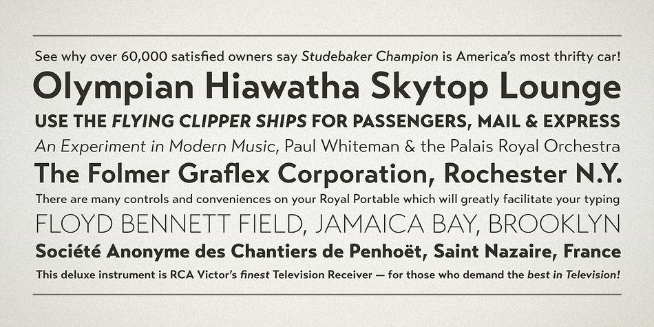 Transat Text includes many OpenType features, such as ligatures, small capitals, case sensitive forms, stylistic alternates, arbitrary fractions, and a full complement of proportional, tabular, and oldstyle figures.