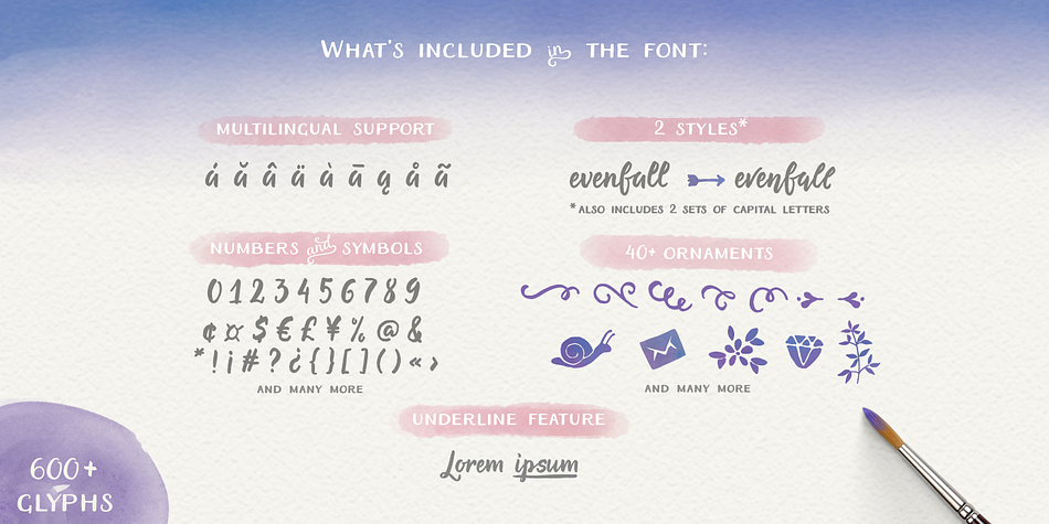 The font is full of Open Type features and is best used in an open type aware software (such as Adobe Illustrator, Adobe InDesign, Adobe Photoshop).