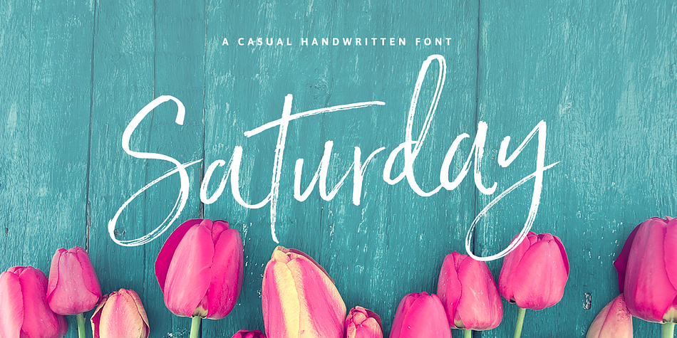 An elegant, flamboyant script with textured dry brush strokes…

There are 2 variants of Saturday Script, to add even more flexibility to your designs : Regular, and Oblique

Saturday Script includes 2 Stylistic Alternate sets for the lowercase letters, and a handy set of natural looking ligatures to add to the natural nature of the typeface.
