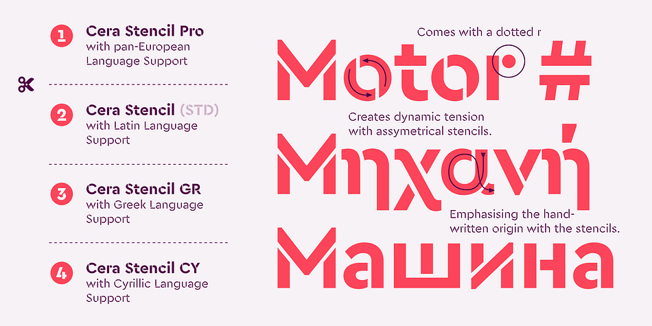 With over 980 glyphs per weight Cera Stencil cares about localized letter shapes plus ordinals and provides matching OpenType Features.