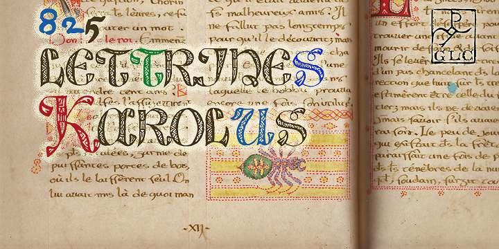 Displaying the beauty and characteristics of the 825 Lettrines Karolus font family.