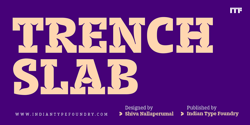 Trench Slab is part of the Trench superfamily, which also includes Trench Rounded, and a special series of fonts designed to print text is very small point sizes – Trench Sans.