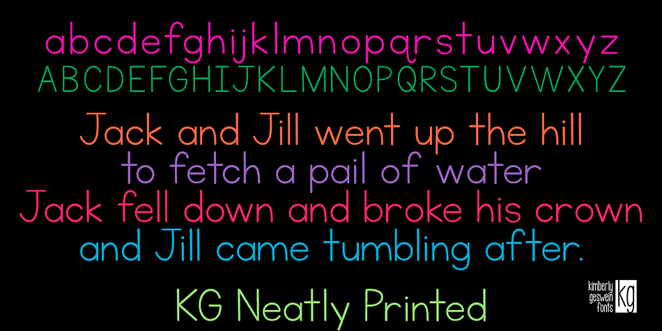 Displaying the beauty and characteristics of the KG Neatly Printed font family.