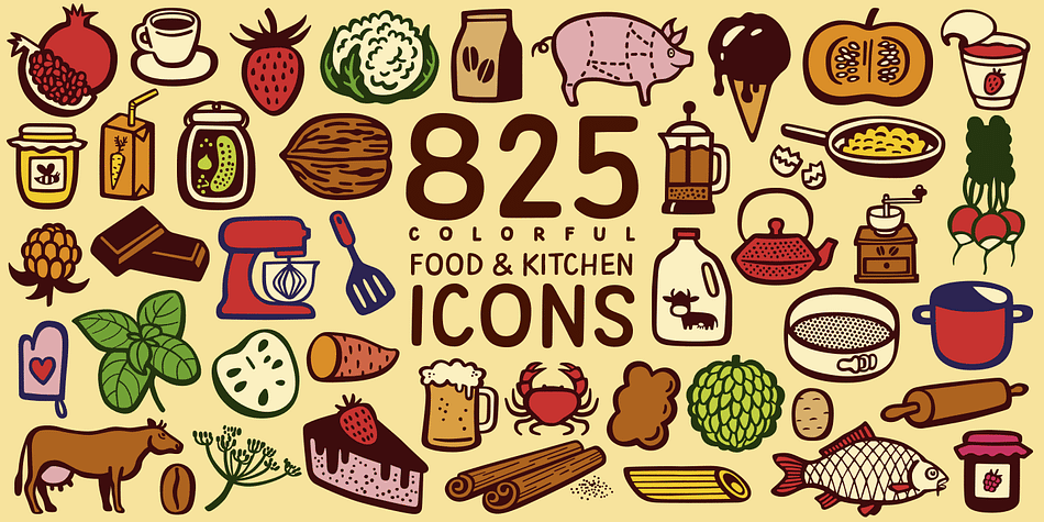 Mr Foodie is a set of 825 icons divided into 7 groups – 109 fruit icons, 157 kitchen icons, 120 animal products icons, 100 veggie icons, 107 desserts icons, 127 beverages icons, and 105 other food related icons.
