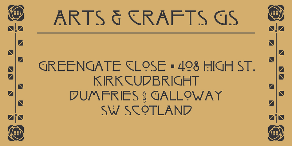 The Arts And Crafts-GS font is loosely inspired by the lettering of Charles Rennie Mackintosh (1868 - 1928) of the Glasgow School, from which Jessie receive her training.