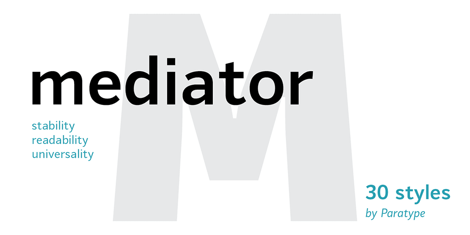 Mediator is a balanced contemporary sans serif typeface that performs well both in display sizes and body text.