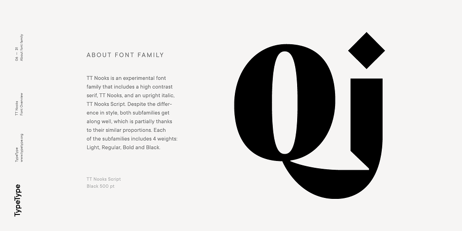 In the original sketches of TT Nooks there were traces of a broad pen, but in the course of further evolution the typeface moved away from this style, retaining only the high contrast of strokes.