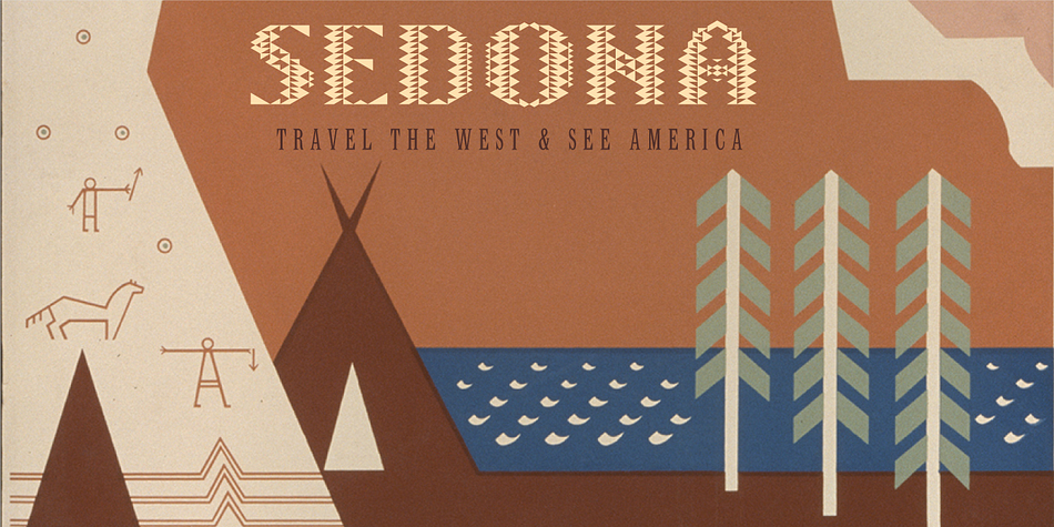 Sedona is a quirky, all capitals, display font that evokes the American West, Native Americana, vacations, travel, campgrounds, rustic lodges, needle point, Christmas, holidays, Arts and Crafts movement, quilts, tiles, and alpine resorts.