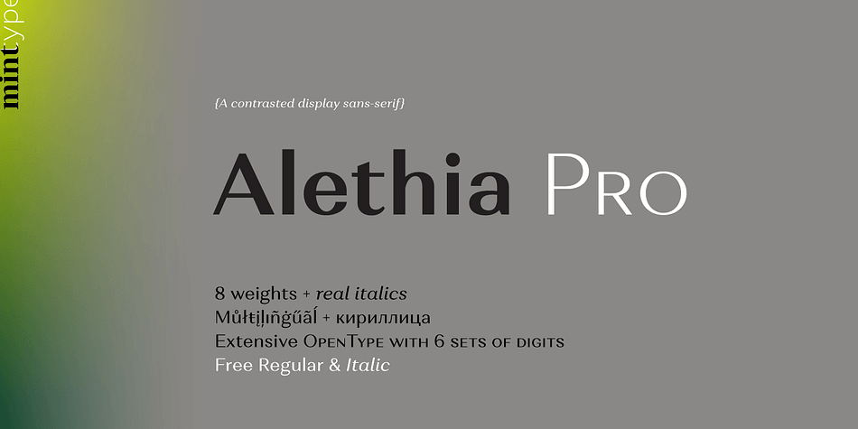 Alethia Pro is a display sans-serif typeface with high contrast in all weights.