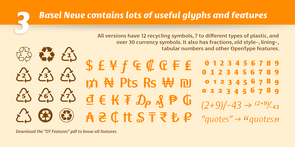 Download the “OT Features” pdf to know and take advantage of all font features as best as possible (in OpenType-savvy applications)!