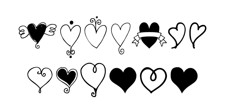Some are stand-alone hearts and others have matching hearts for creating all-over heart patterns or a series of similar but slightly different hearts.
