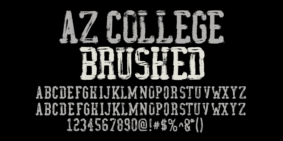 AZ College Brushed font was inspired from a combination of typical collegiate t-shirts designs and also the current wave of A&F t-shirt designs (rough painted look)
This font utilizes an "old look" to the line work which is designed to have a "worn feel" to it.