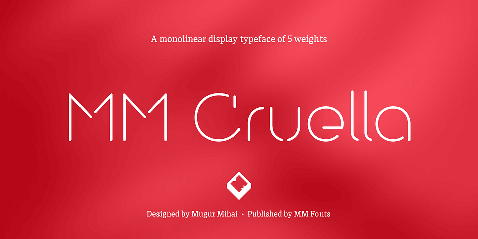 MM Cruella is a monolinear display typeface well suited for magazines headlines, posters, catalogs, branding and packaging.