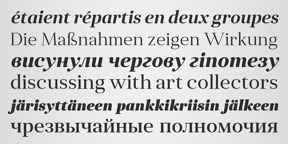 In roman styles the Cyrillic script comes in two flavours accessible via OpenType alternates – to choose either more traditional and curvy (default) or more formal and rigid type texture.