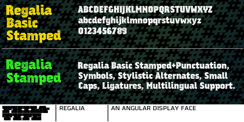 For more comprehensive typesetting needs, you can find full character sets in Regalia and Regalia Stamped.