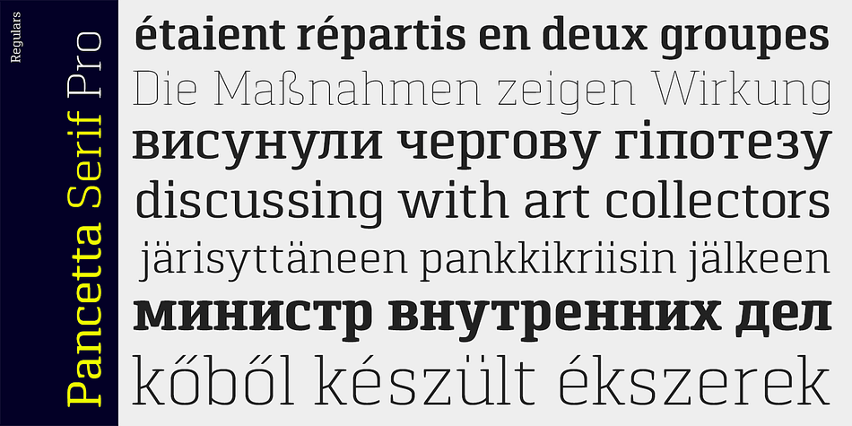 Its skeleton is a blend of modern serif and slab faces, featuring prominent obtuse pillow-shaped serifs.