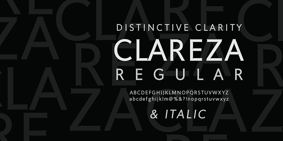 The glyph traps are at the heart of Clareza’s unusual style: they were carefully designed to become a great feature at display sizes, adding an interesting personality without dominating.