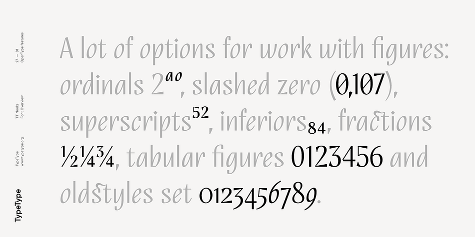 TT Nooks is designed by TypeType Team and Vika Usmanova and supports the languages Cyrillic and  more (127).
