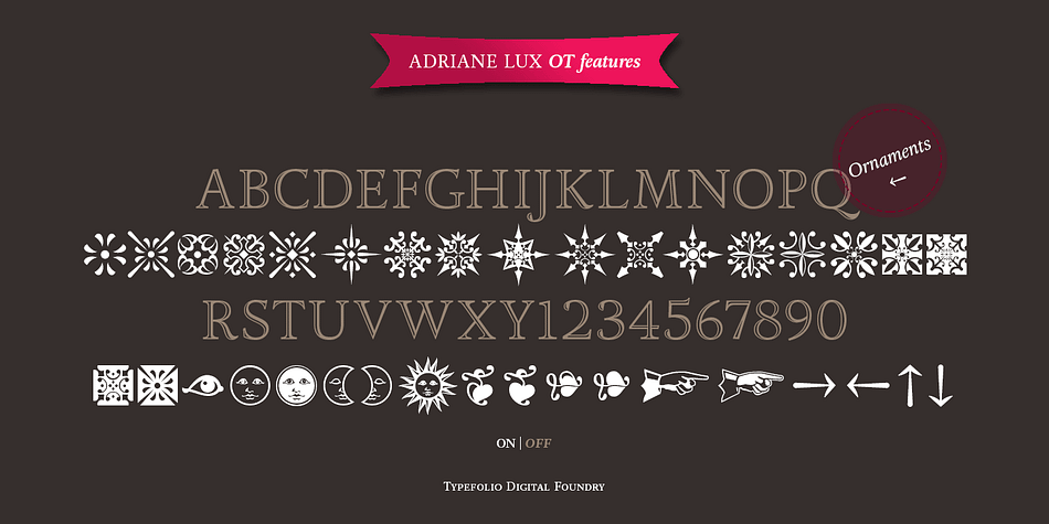Displaying the beauty and characteristics of the Adriane Lux font family.
