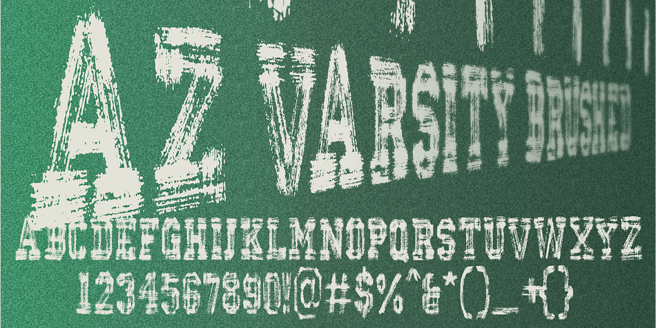 AZ Varsity Brushed font was inspired from a combination of typical collegiate t-shirts designs and also the current wave of Hollister t-shirt designs (rough painted look)
This font utilizes an "old look" to the line work which is designed to have a "worn feel" to it.